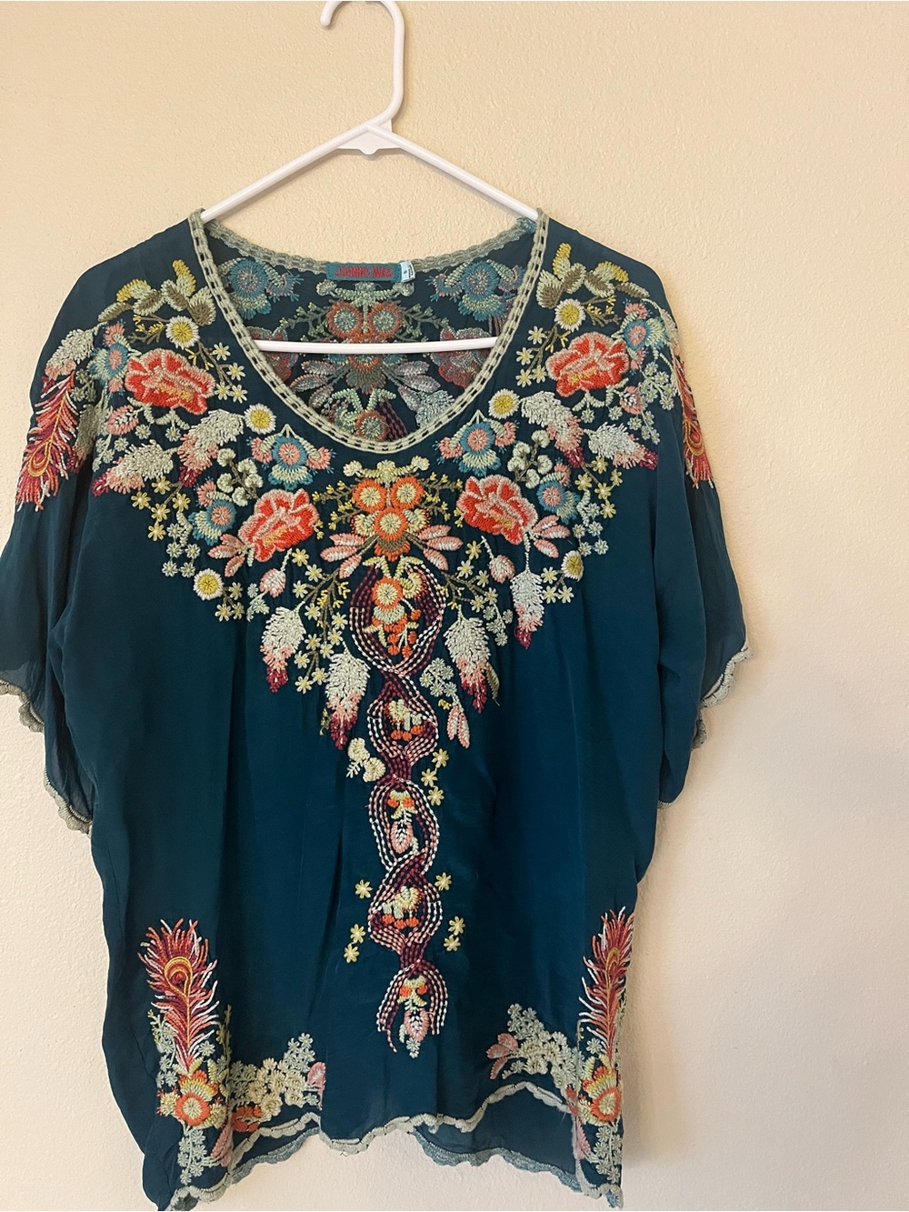 Johnny Was Teal Embroidered Floral Peasant Blouse